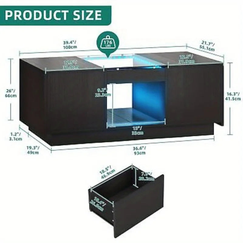 Coffee Table - Modern LED – Rectangle Design with Built-In Charger & Storage Drawers for Living Room