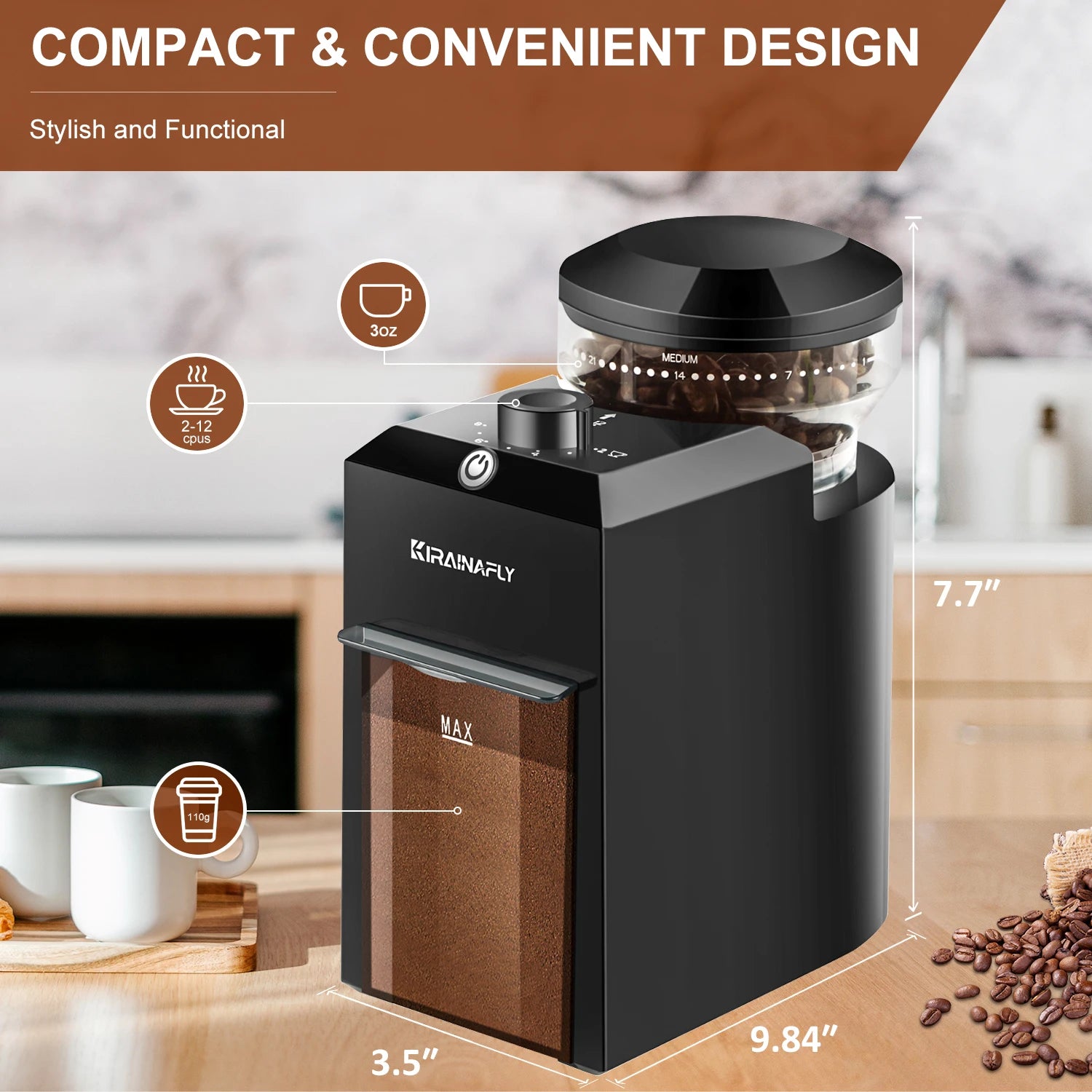 Coffee Grinder-Automatic Burr Mill, Electric Coffee Bean Grinding, 28 Adjustable Gears, Espresso, French Press, Drip Coffee