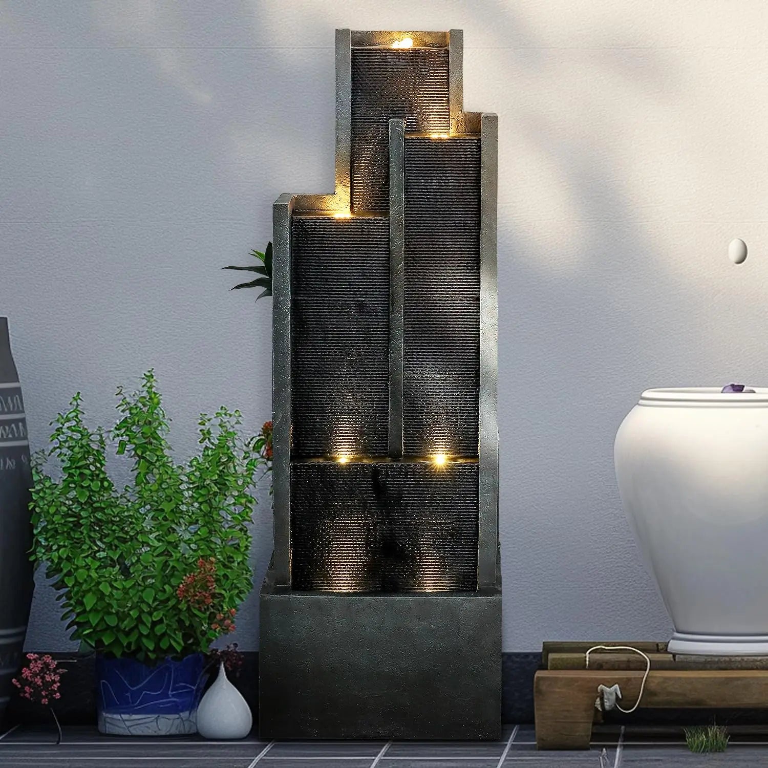 Water Fountain-LED Lights, Garden Water Fountain, 5-Tier, 50.7 in Floor Standing, Cascading Feature, Deck Patio, Porch, Yard