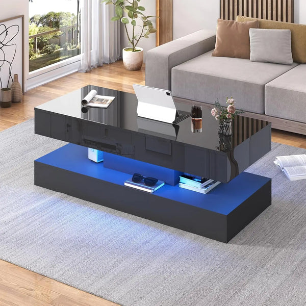 Coffee Table - Modern LED – Stylish Double Layer Design & 2 Storage Drawers