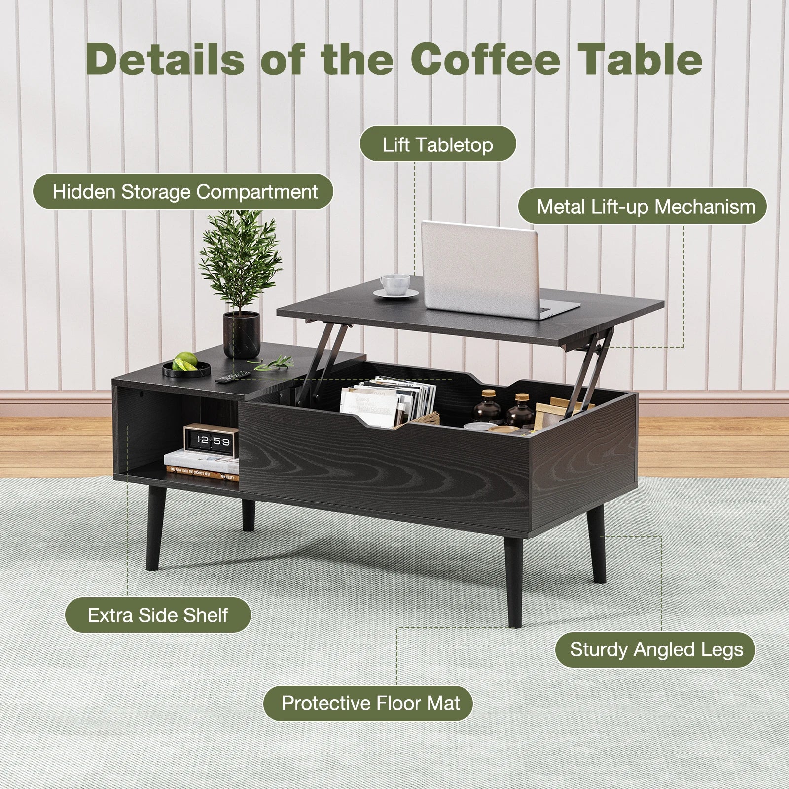 Coffee Table - Adjustable Lift-Top by JHK – Multifunction Tea & Dining Table with Hidden Storage