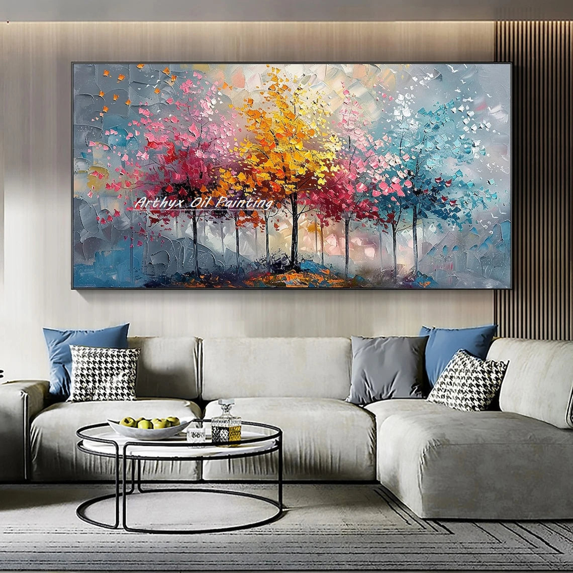 Canvas Art-Hand painted, Palette Knife, Tree, Oil Painting on Canvas, Modern Abstract Landscape Art Poster, Wall Pictures, Home Decor, Arthyx,Large