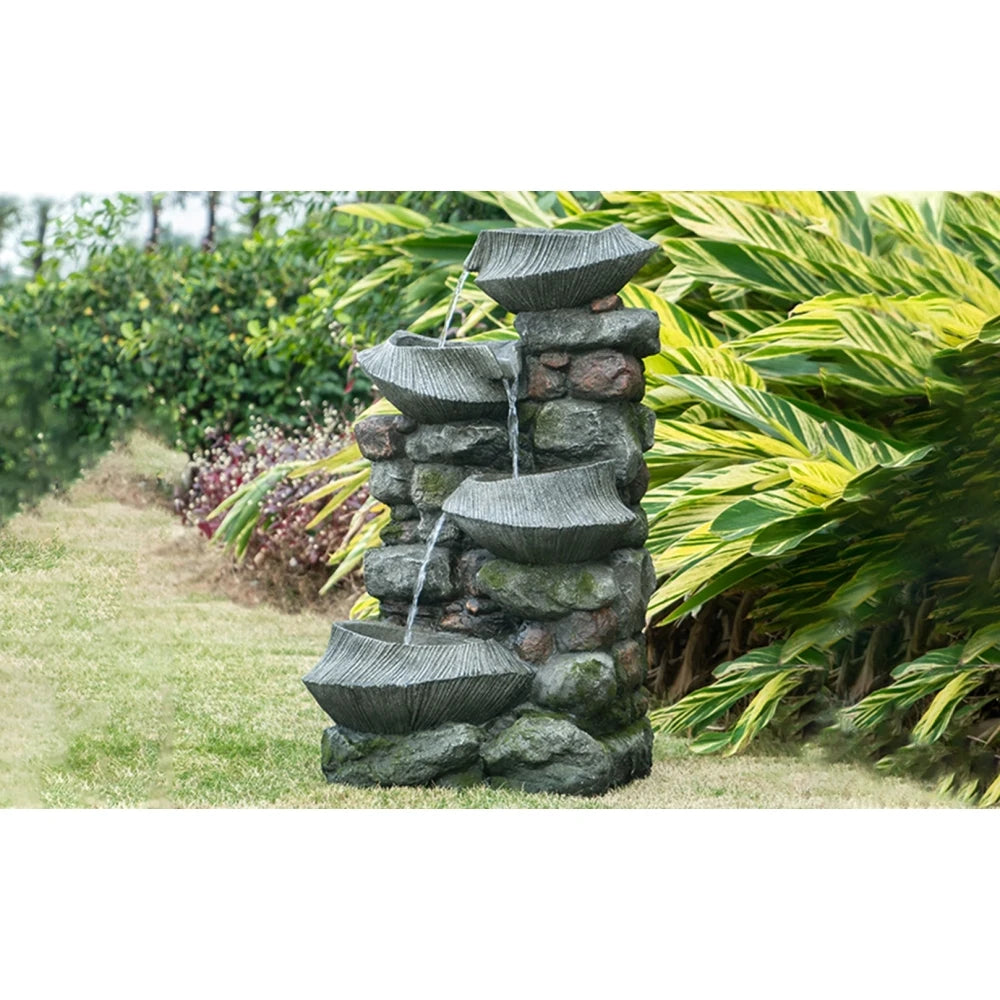 Water Fountain-19x15x31.5" Indoor Outdoor Stone Water Fountain, 4-Tier Polyresin Cascading Rock Bowl Fountain, Freestanding Fountain with LED Ligh