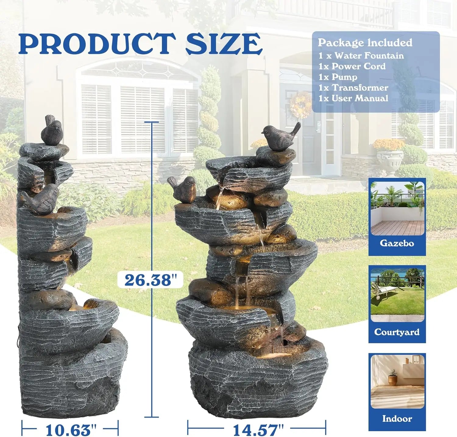Water Fountain- 5-Tiers Cascading Rock Water Fountain Outdoor - Waterfalls Fountains with LED Lights, Outdoor/Indoor Resin Water Fountain