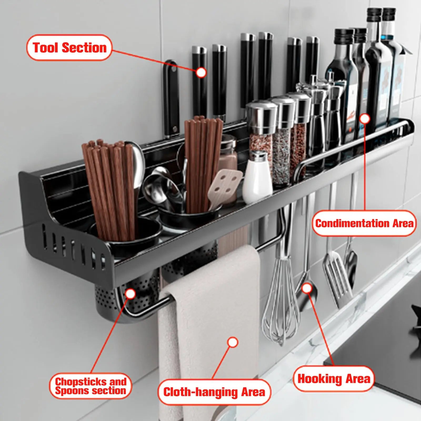 Home Kitchen: Organizer Rack: Hanging Wall Mount - Space-Saving for Spices/Oils,etc., with Utensils Hooks