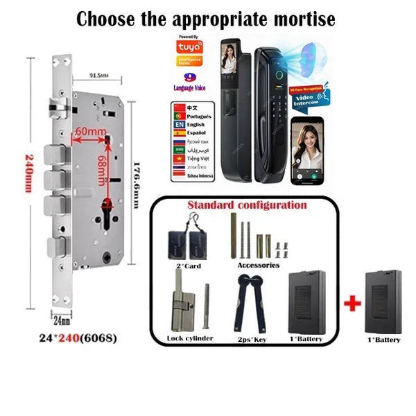 Smart Lock-Mortise Tuya WiFi, Video, Intercom, 3D Face Recognition, Biometric, Camera, Keyless Lock