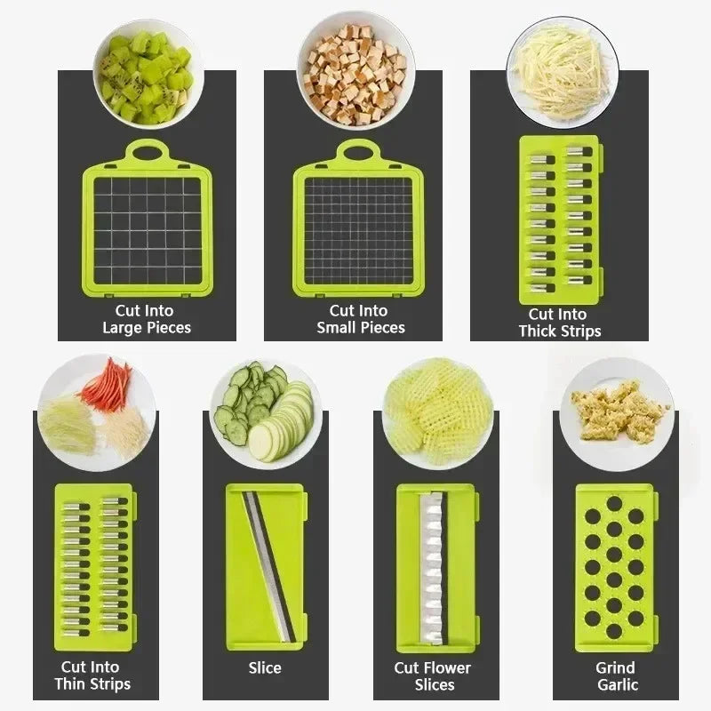 Kitchen-Multifunctional Vegetable Chopper & Slicer 14/16-in-1 with Basket – Shredder & Grinder for Fruits & Veggies