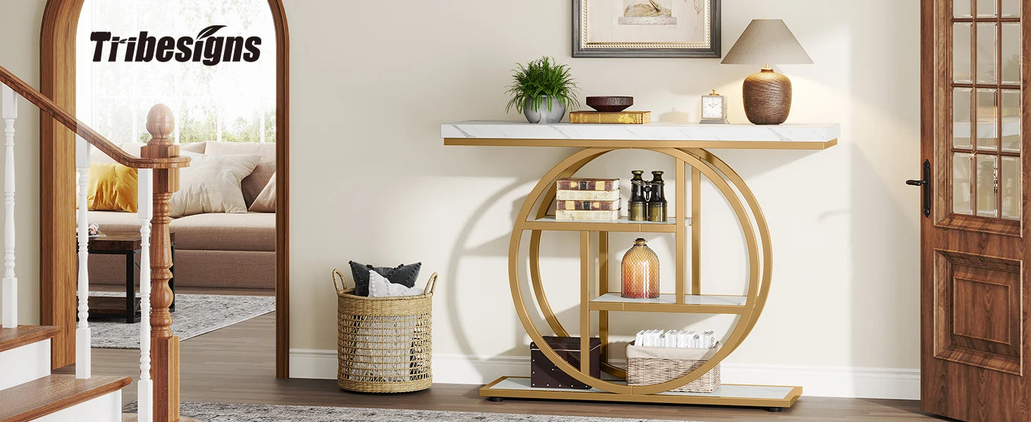 Accent Table-Modern Console Table, Gold, Sofa Table, Behind Couch, 4 Tier Storage, Entryway, Tribesigns
