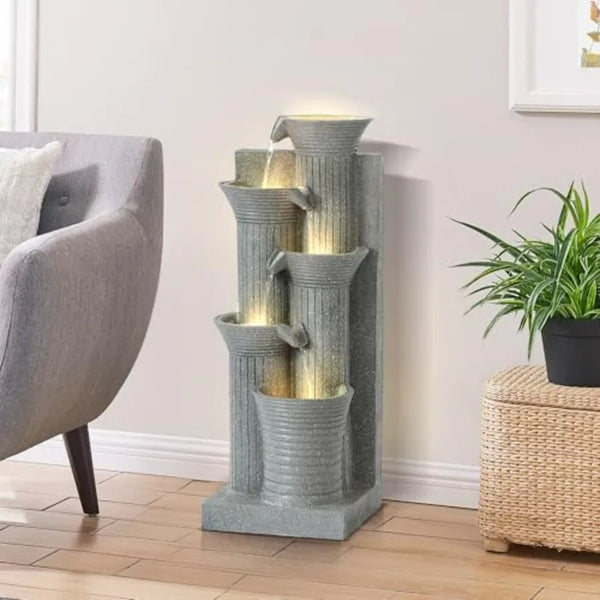 Water Fountain-LED Lights, 5-Tier Cascading Waterfall, Outdoor/Indoor, 24 in High, Floor Standing, Garden