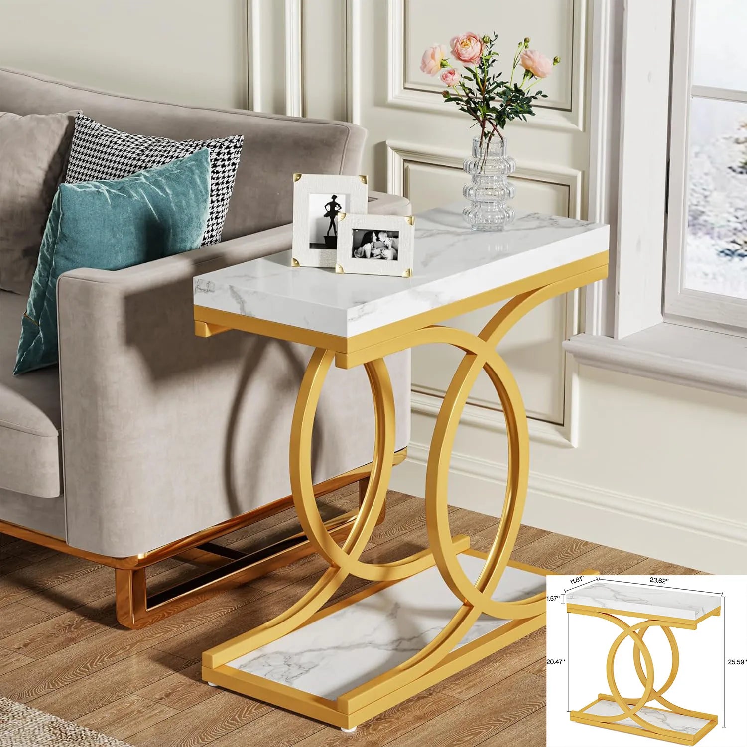 End Table-Square End Table, White Gold, 2-Tier Side Table, Modern Small Bedside Table with Storage for Couch ( Faux Marble White+Gold)