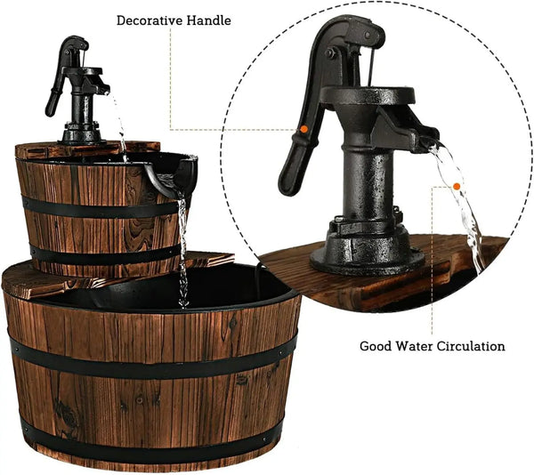 Water Fountain- 2-Tier Barrel Waterfall Fountain, Outdoor, Rustic Wood Barrel, Cascading Water Fountain with Electric Pump, Outdoor Water Feature
