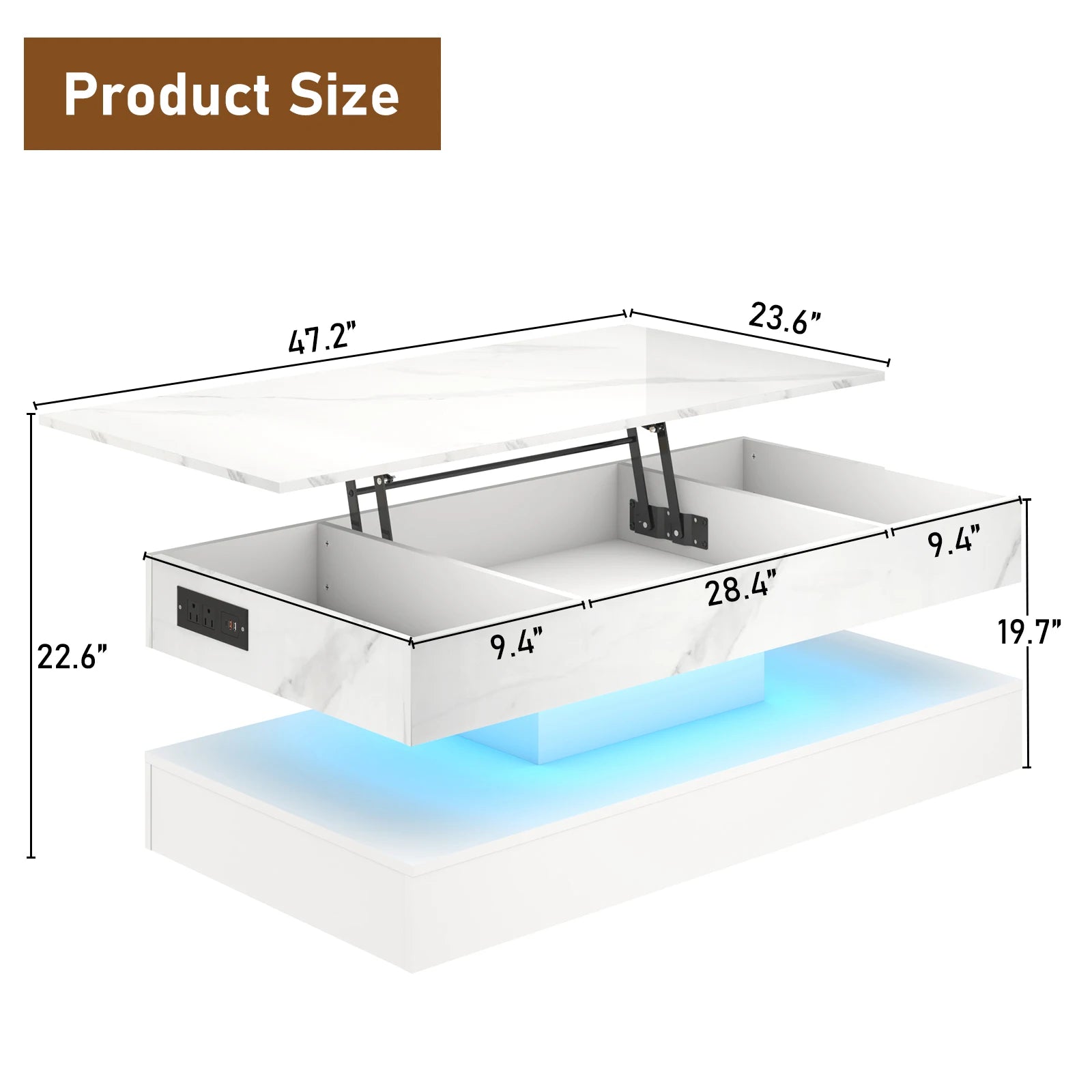 Coffee Table - Modern LED - Grey Marble Nesting (Set of 2) with Round End - Waterproof Surface & Metal Legs
