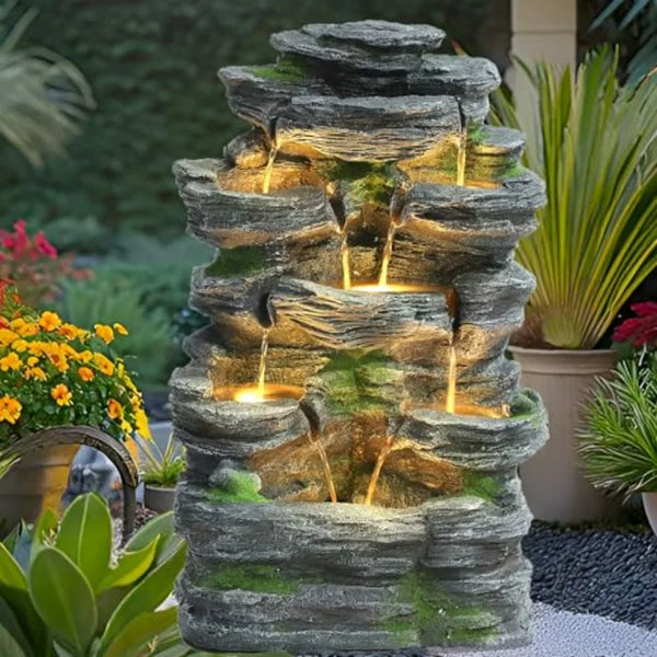 Water Fountain-7 Tiers Cascading, Rock Water Fountain, LED Lights, Outdoor Waterfall Fountain, Garden, Deck, Backyard, Patio, Porch