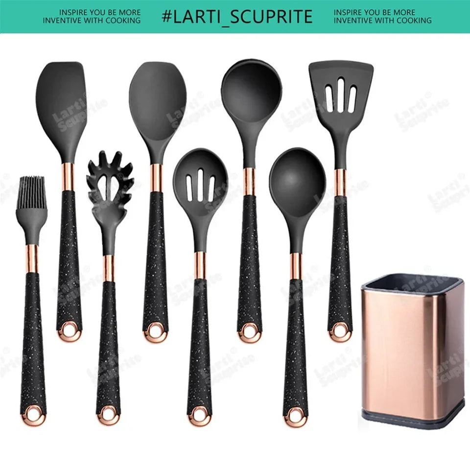 Kitchen- Heat-Resistant Silicone Cooking Set with Gold-Plated Handles – BPA-Free Kitchen Gadgets