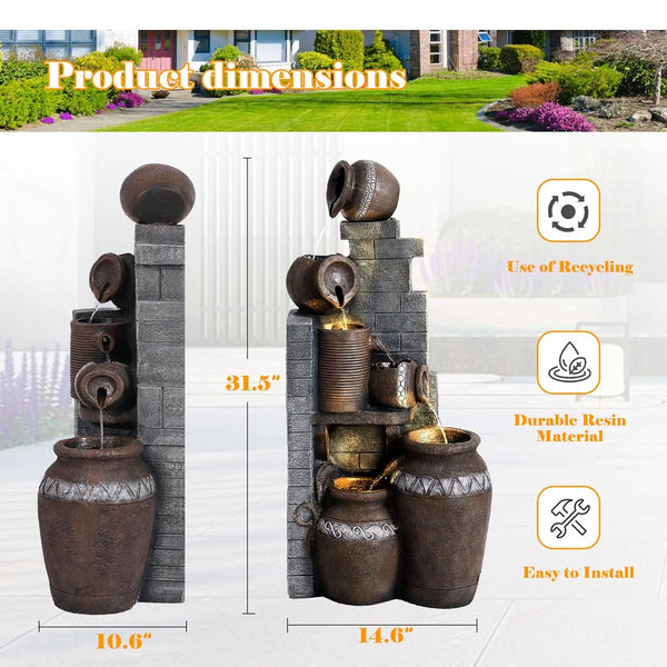 Water Fountain-LED Lights, 31.5 in Tall, 6-Tier Floor Standing, Garden, Patio, Backyard, 14.6x10.6x31.5"