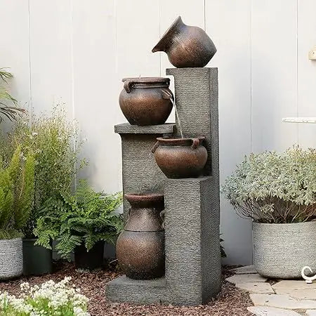 Modern Cascading Garden Fountain 53" – Four-Tier Waterfall Crocks with Warm Glow Lighting for Outdoor Decor