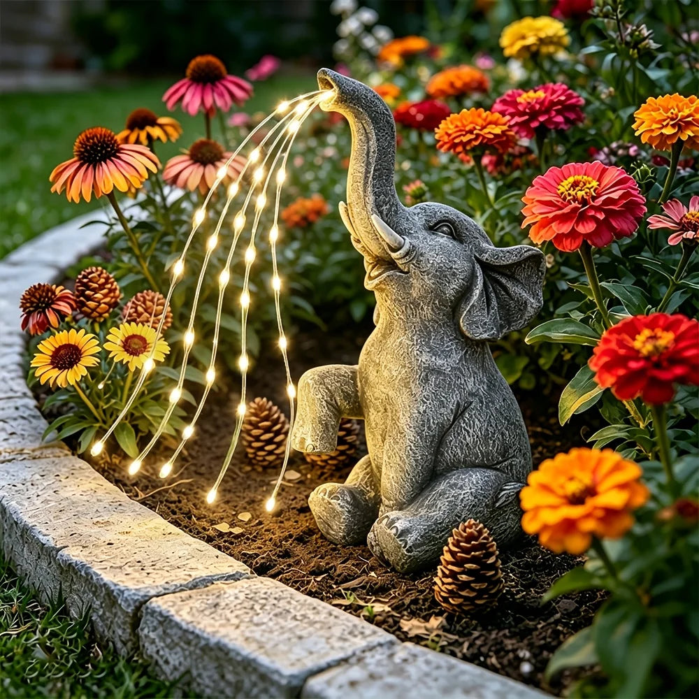 Figurine-Elephant Sculpture, Solar Water Spraying Elephant Sculpture, Outdoor, IP44 Waterproof, LED Lucky Elephant Ornament, Solar Light Sculpture