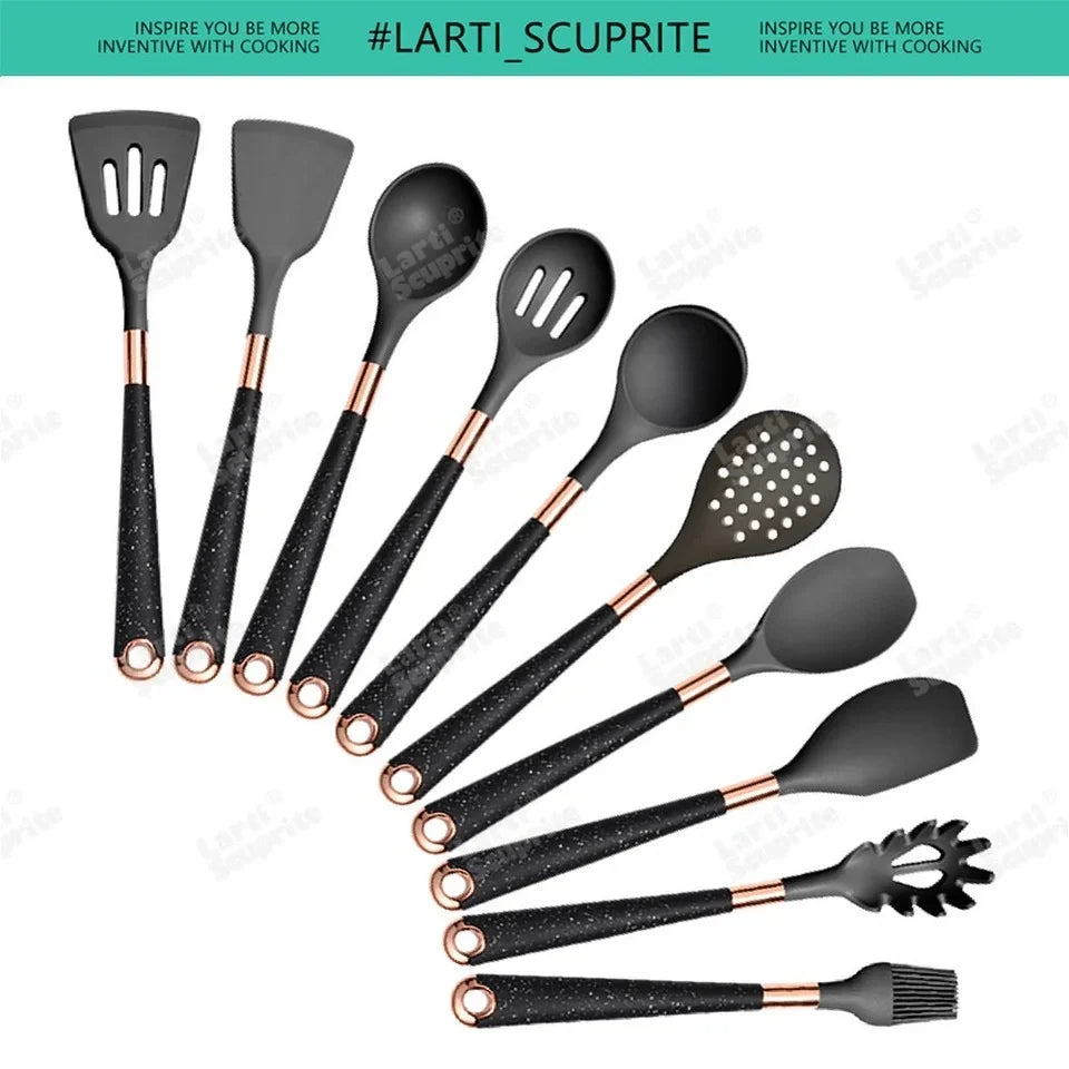 Kitchen- Heat-Resistant Silicone Cooking Set with Gold-Plated Handles – BPA-Free Kitchen Gadgets