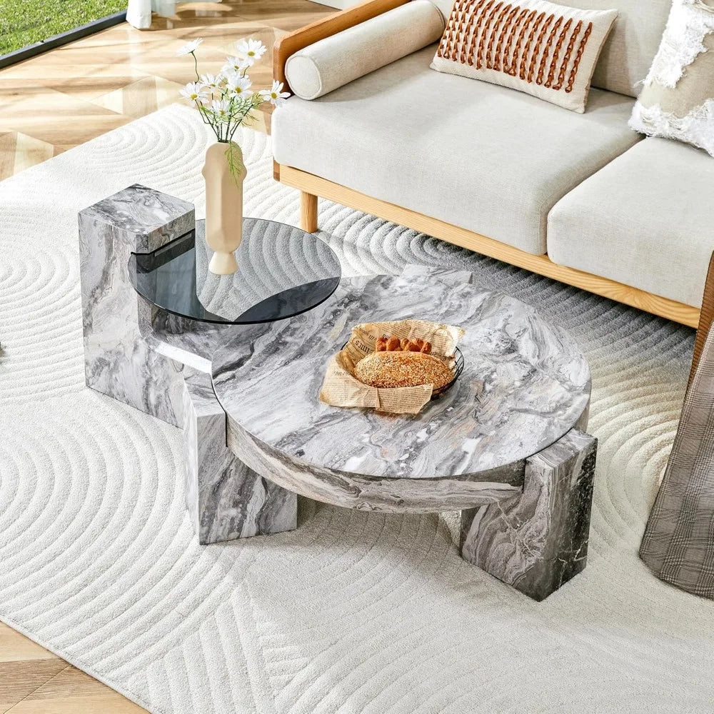Coffee Table-Round Set of 2, Gray Faux Marble, Glass top End Table, Modern Circular Detachable Nesting
