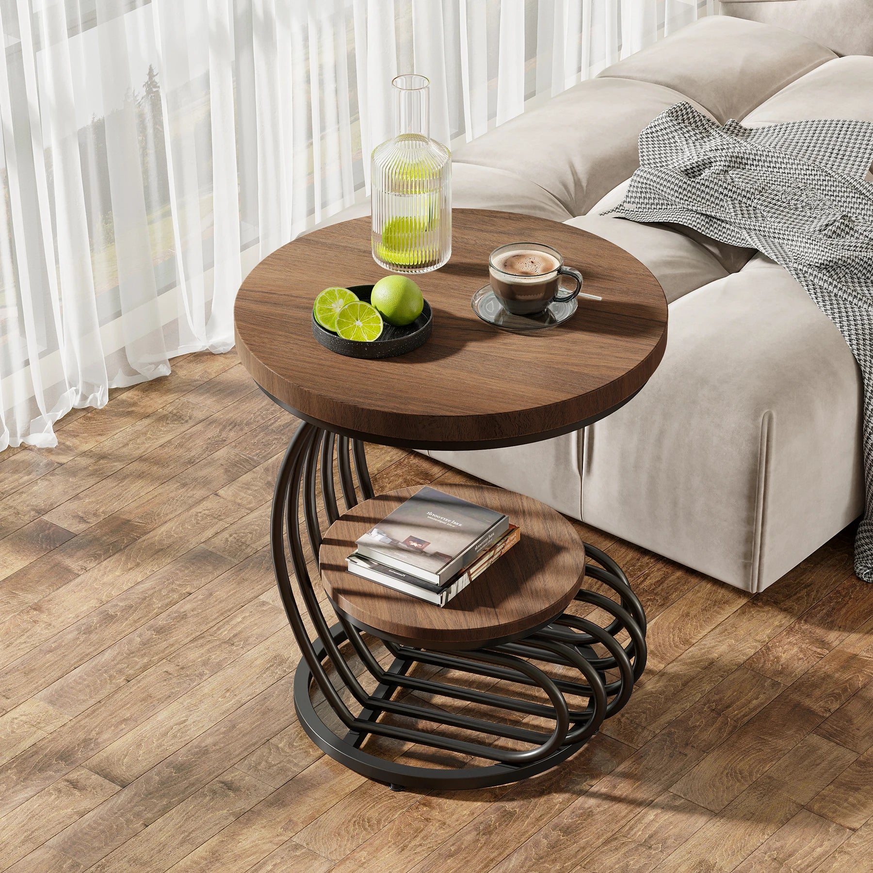 End Table-Tribesigns Gold Round Table, 2 Tiers Faux Marble Side Table, Table with Storage Shelf, Modern White Gold Bedside Table