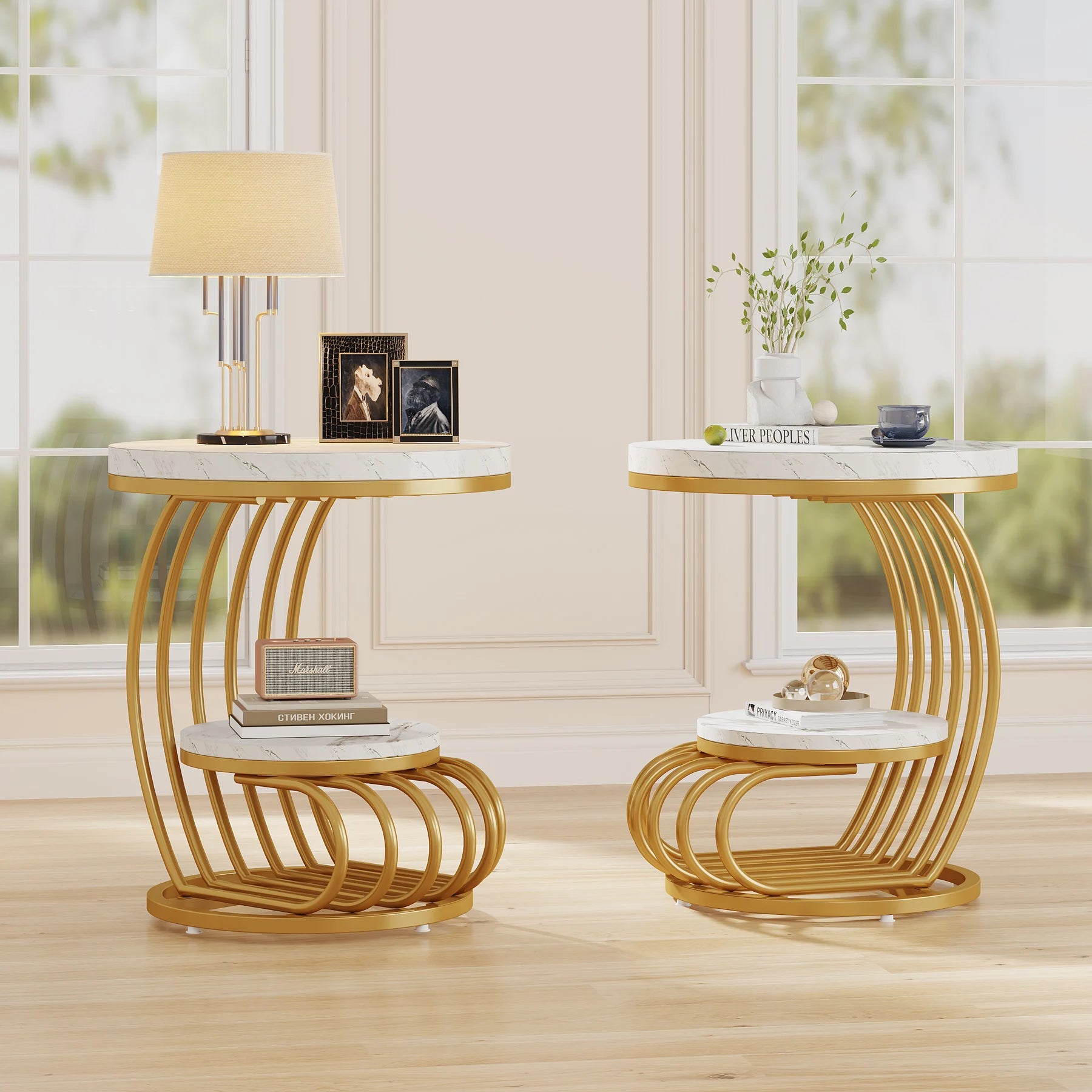 Accent Table-Gold Round Table, 2 Tiers Faux Marble Side Table, Table with Storage Shelf, Modern White Gold Bedside Table, Tribesigns