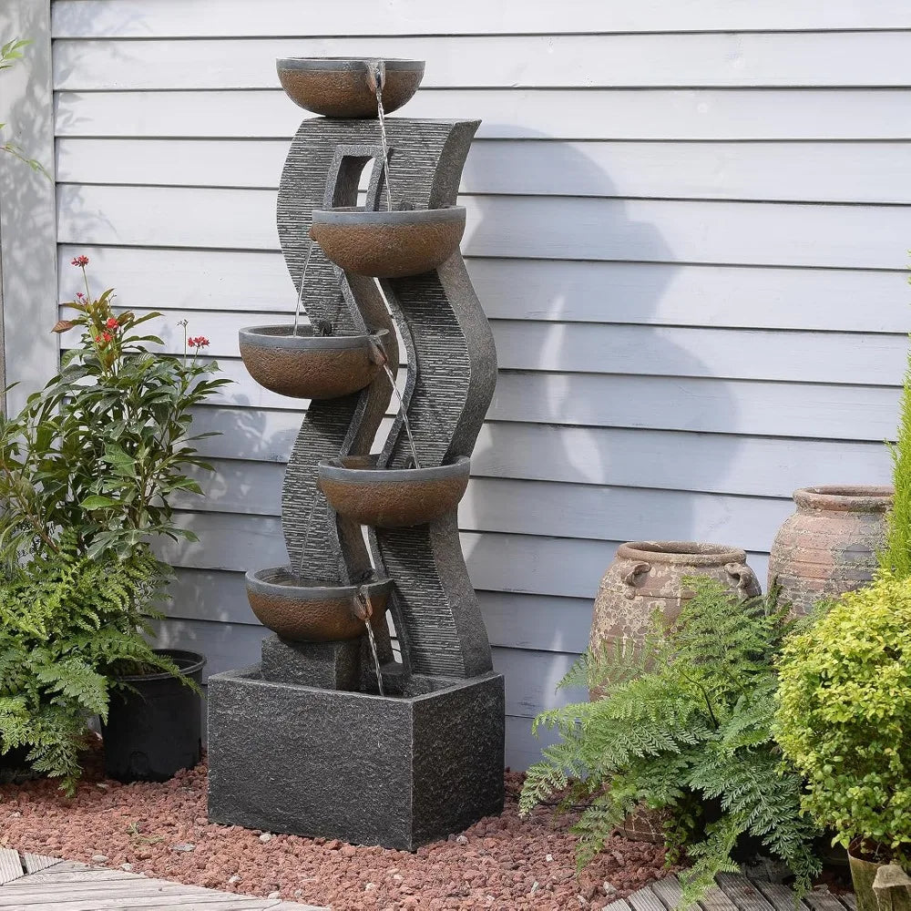 Water Fountain - 6-Tier Resin Garden Fountain – 52.8" - Wave Bowl Design for Courtyard, Patio, or Home Landscape