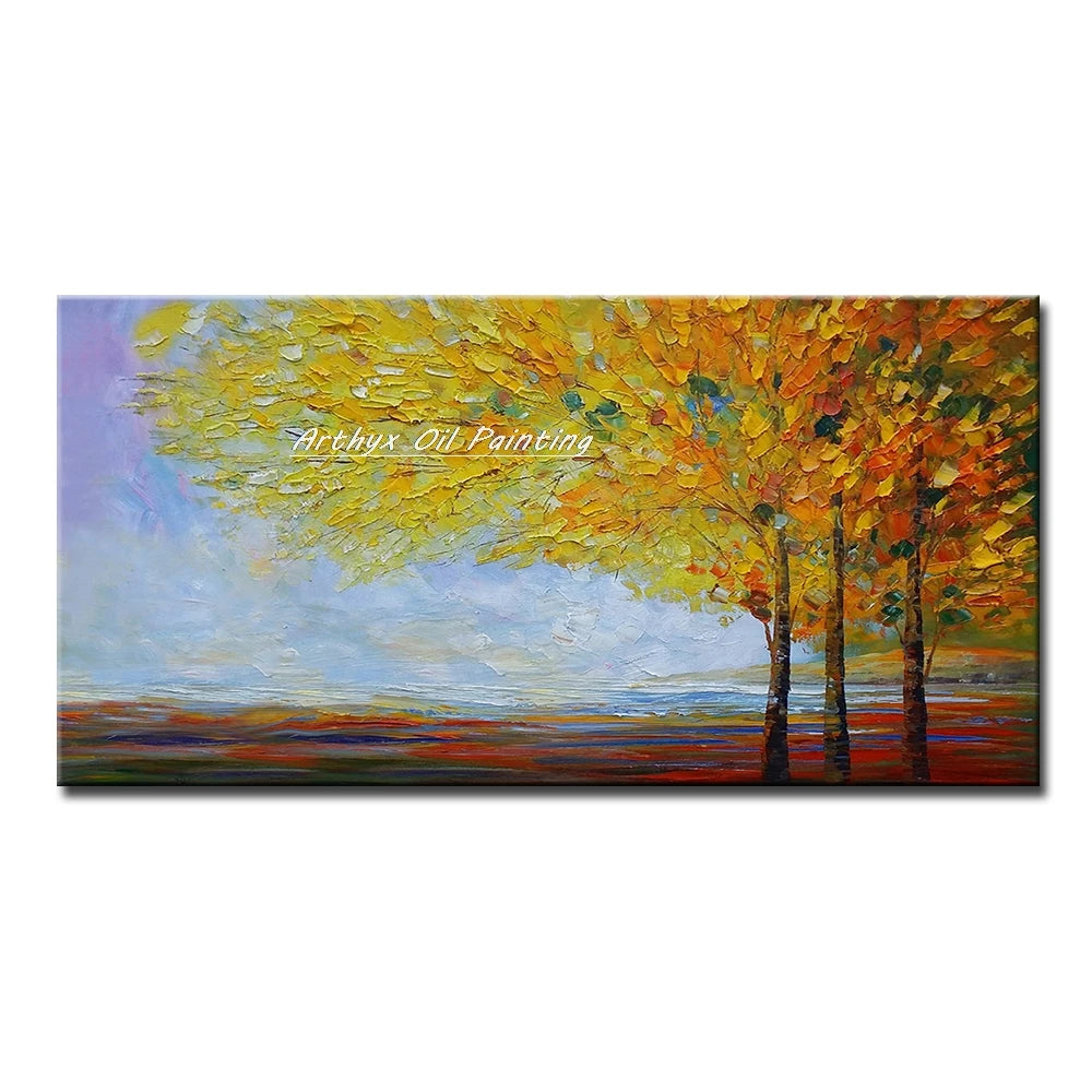 Canvas Art-Hand painted, Palette Knife, Tree, Oil Painting on Canvas, Modern Abstract Landscape Art Poster, Wall Pictures, Home Decor, Arthyx,Large
