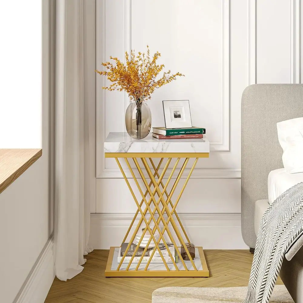 Accent Table-White Gold Marble, 2-Piece Set, Side Table Set, 2-Tier End Table