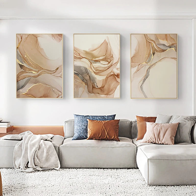Canvas Wall Art – Modern Nordic Marble – Beige & Gold Abstract for Home or Office