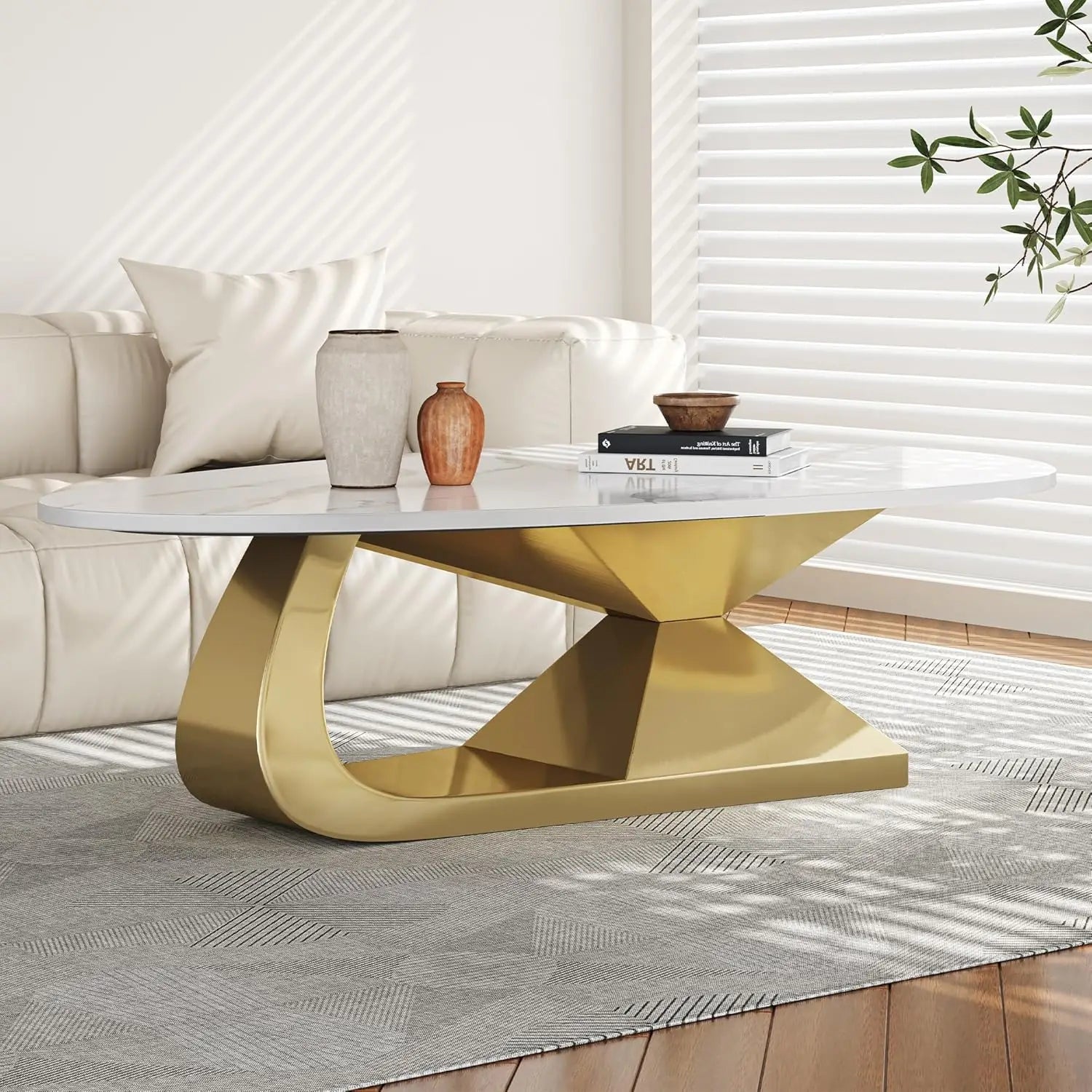Coffee Table-Modern with Silver Stainless Steel Pedestal, Oval, Living Room Table, with Faux Marble Top, & Luxury, Customized