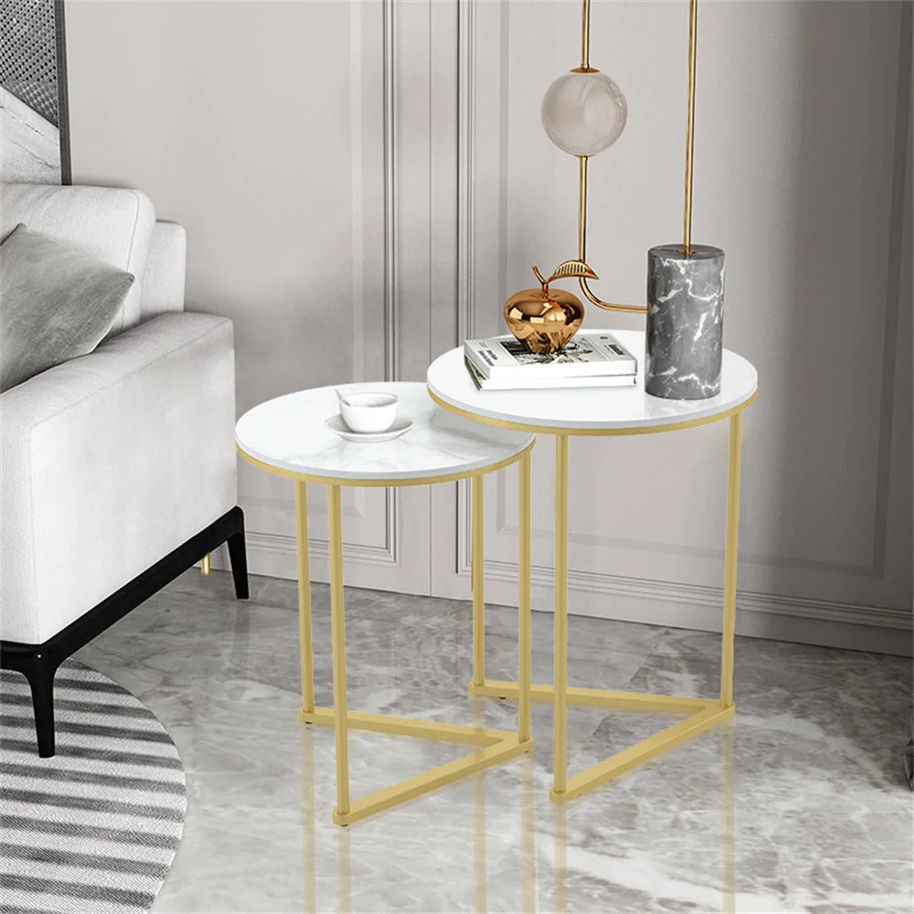 Accent Table-Modern Round Marble Metal Base Nesting Set Side Accent Table Living Room Storage Small End Table, Set of 2, Marble and Gold