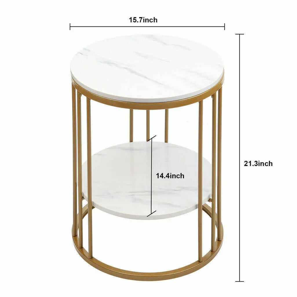 Accent Table- 2-Tier White Marble Side Table, Round Coffee Table, Nightstand, Jewelry Storage
