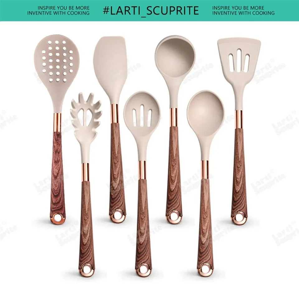 Kitchen- Heat-Resistant Silicone Cooking Set with Gold-Plated Handles – BPA-Free Kitchen Gadgets