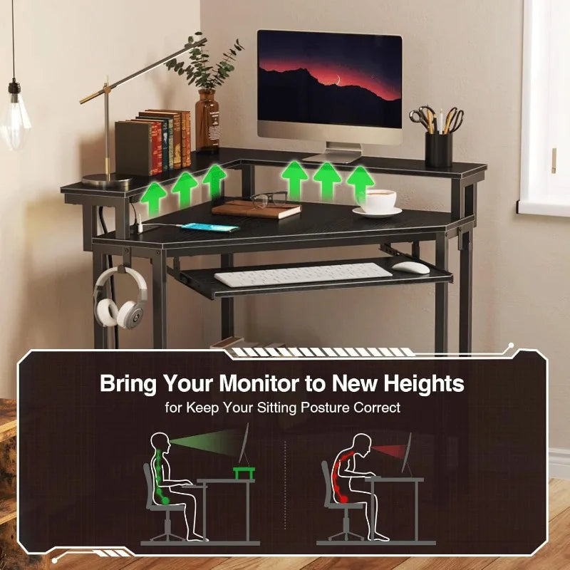 Corner Desk-Gaming, 44.5" W x 34.5" H, Small Computer Desk with Power Outlets, Home Office Desk, with LED Lights, Triangle Corner Desk