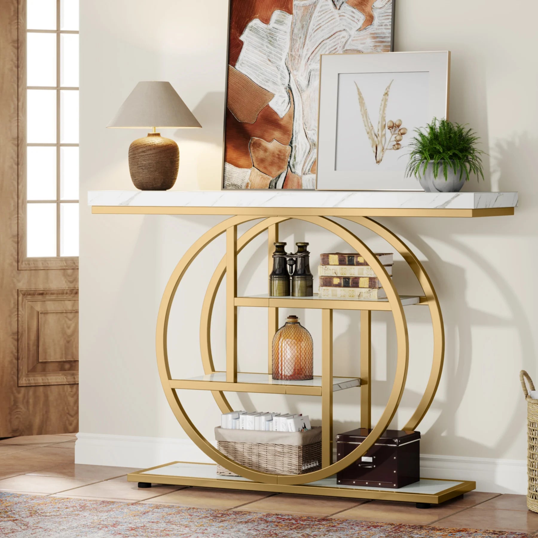 Accent Table-Modern Console Table, Gold, Sofa Table, Behind Couch, 4 Tier Storage, Entryway, Tribesigns