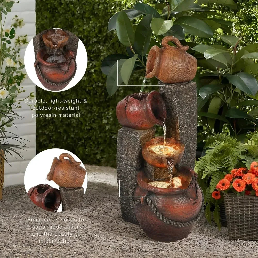 Outdoor Decor: Floor Fountain - Three Cascading Rustic Bowls with LED Lights - 32 in