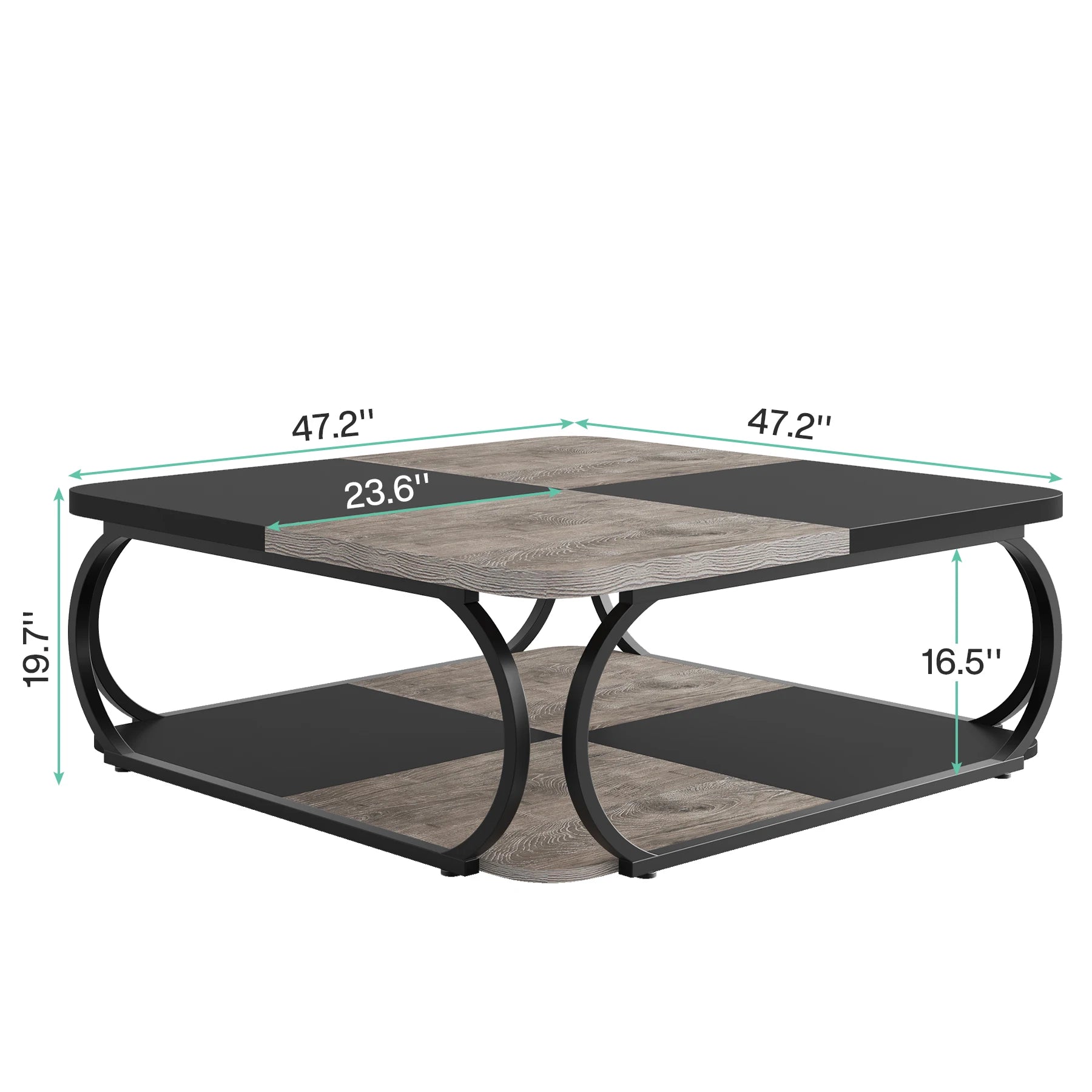 Coffee Table-Tribesigns Square Coffee Table, with 2 Tiers, 40 inches, Low Farmhouse Coffee Table, with Wood Storage Shelf, Heavy Duty Metal Curve