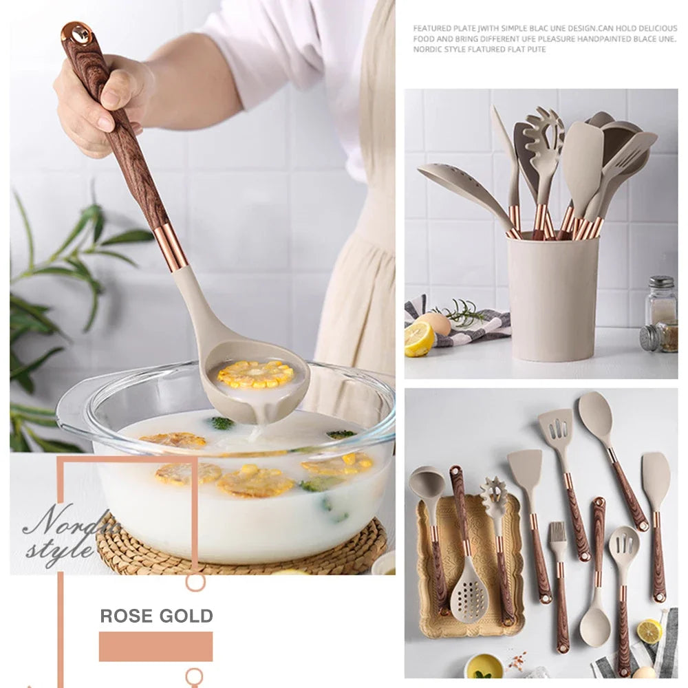 Kitchen- Heat-Resistant Silicone Cooking Set with Gold-Plated Handles – BPA-Free Kitchen Gadgets