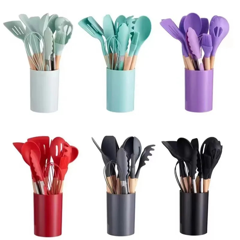 Home Kitchen: Utensil: Silicone with Wooden Handle - 12 Pcs Set - Non-stick Kitchenware