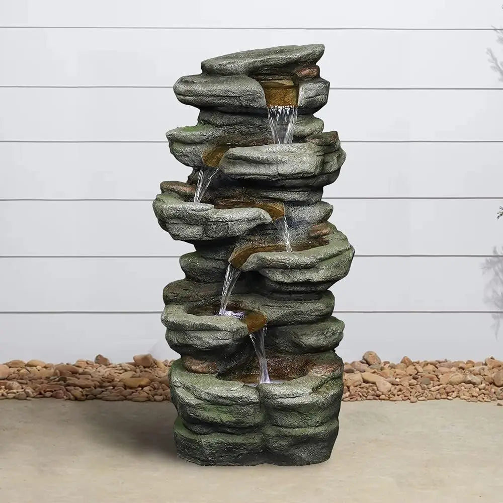 Water Fountain-LED Lights, 6-Tiers, Rock Natural, Waterfall, Outdoor, Floor Standing, Garden, 30.7 in, Home Garden