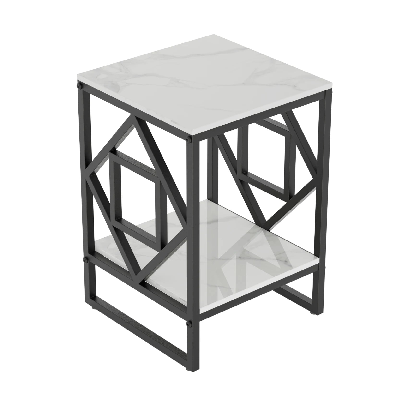 End Table-White Marble Top Side Table, Bedside Nightstand, Black Coated Frame Table