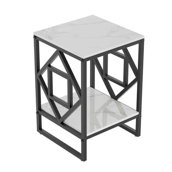 Accent Table-White Marble Top Side Table, Bedside Nightstand, Black Coated Frame Table
