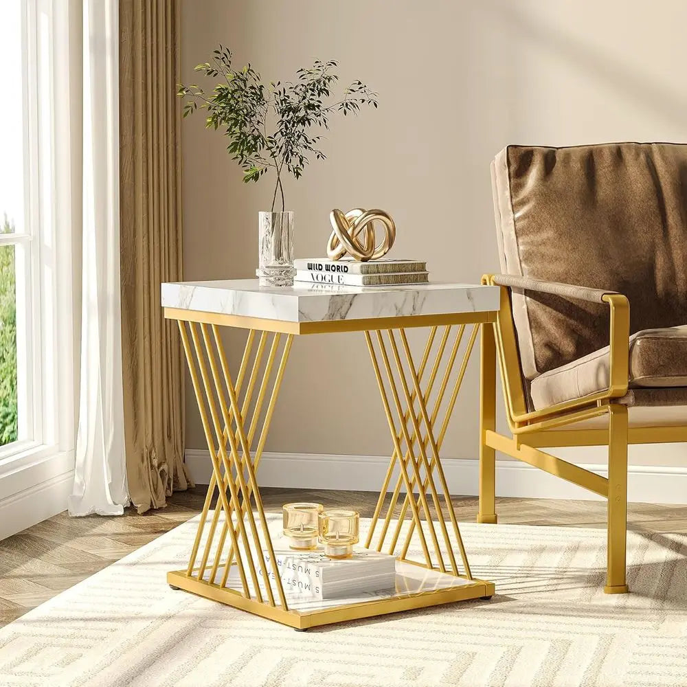 Accent Table-White Gold Marble, 2-Piece Set, Side Table Set, 2-Tier End Table