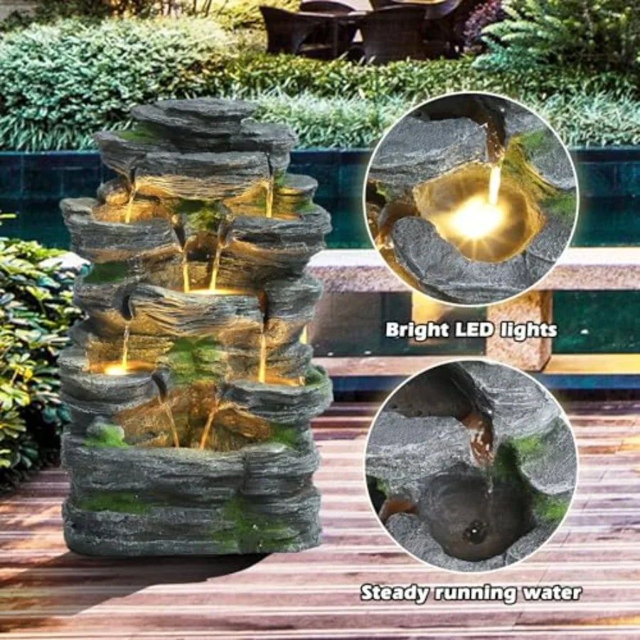 Water Fountain-7 Tiers Cascading, Rock Water Fountain, LED Lights, Outdoor Waterfall Fountain, Garden, Deck, Backyard, Patio, Porch