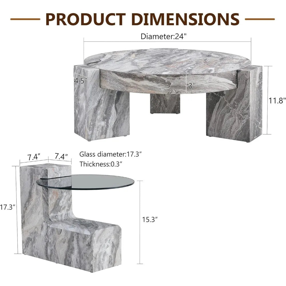 Coffee Table-Round Set of 2, Gray Faux Marble, Glass top End Table, Modern Circular Detachable Nesting