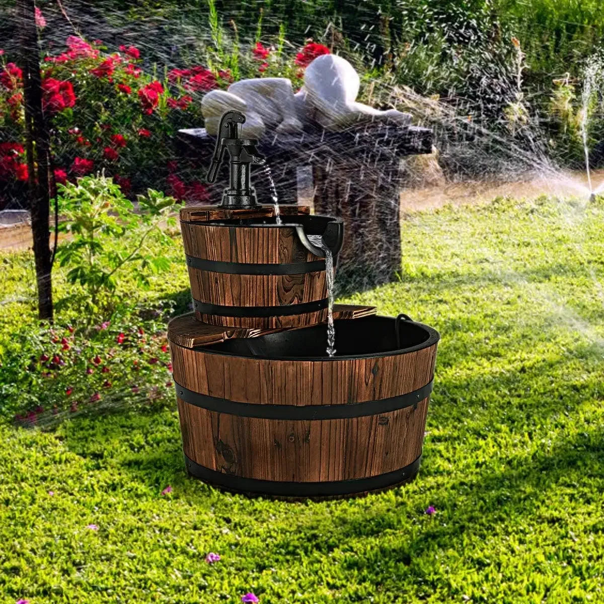 Water Fountain- 2-Tier Barrel Waterfall Fountain, Outdoor, Rustic Wood Barrel, Cascading Water Fountain with Electric Pump, Outdoor Water Feature