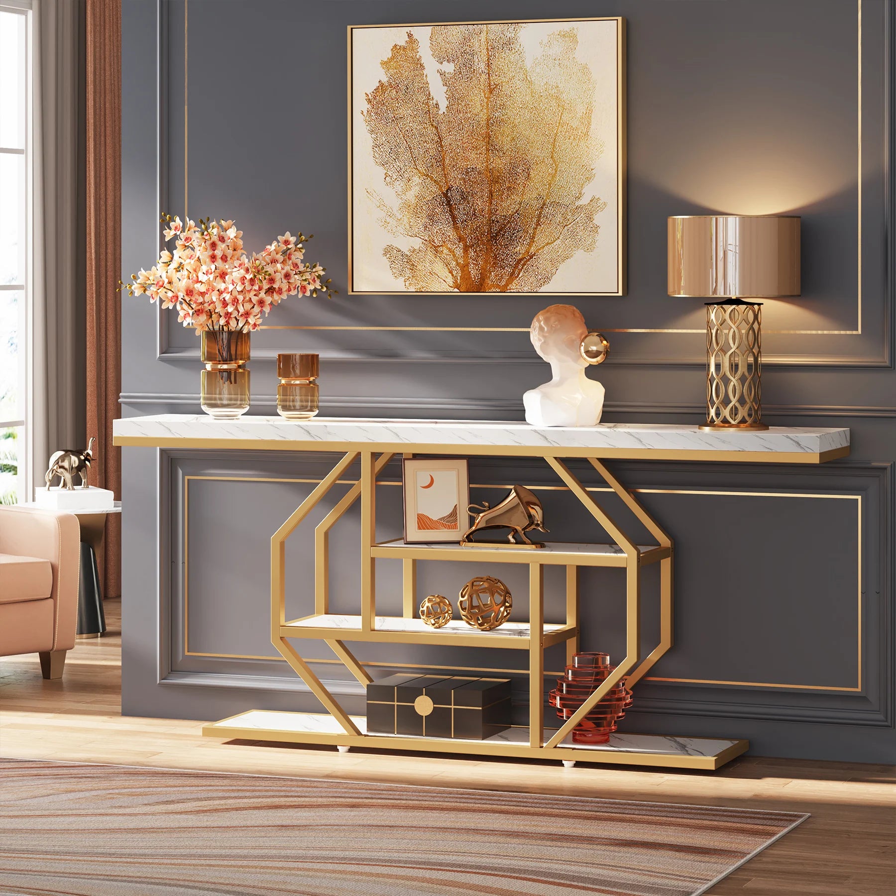 Accent Table-Modern Console Table, Gold, Sofa Table, Behind Couch, 4 Tier Storage, Entryway, Tribesigns