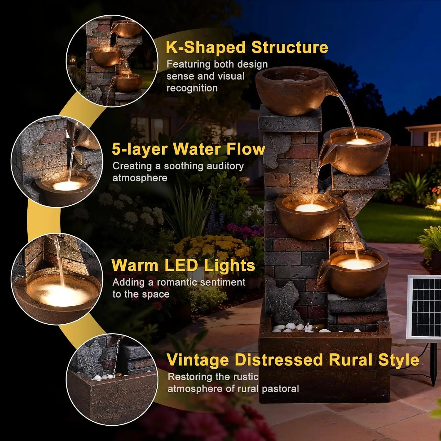 Water Fountain-5 Tiers, Solar, Outdoor, 33.5" H Shape K Waterfall Fountain with LED Lights for Patio, Balconies, Lawns