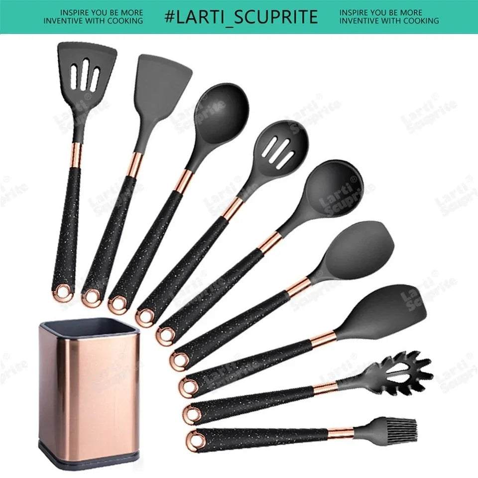Kitchen- Heat-Resistant Silicone Cooking Set with Gold-Plated Handles – BPA-Free Kitchen Gadgets