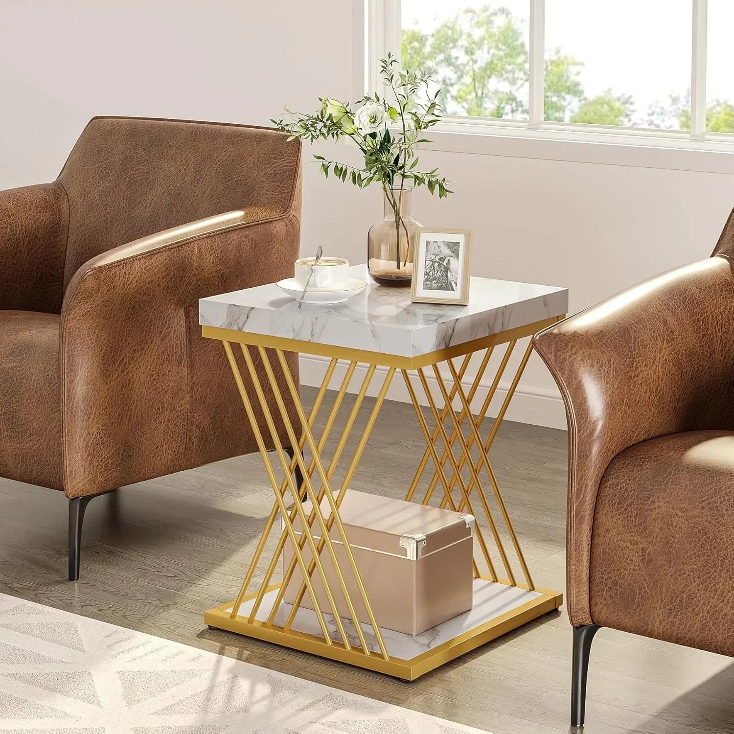 End Table-Square End Table, White Gold, 2-Tier Side Table, Modern Small Bedside Table with Storage for Couch ( Faux Marble White+Gold)